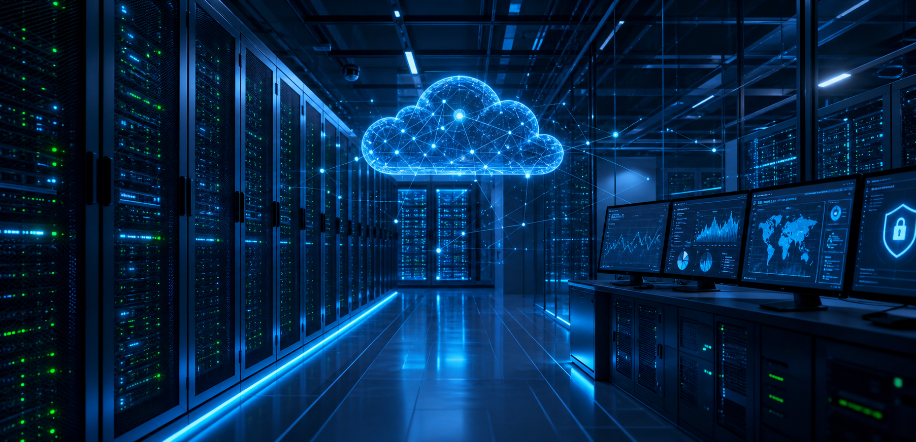 Data center moderno com servidores e cloud computing